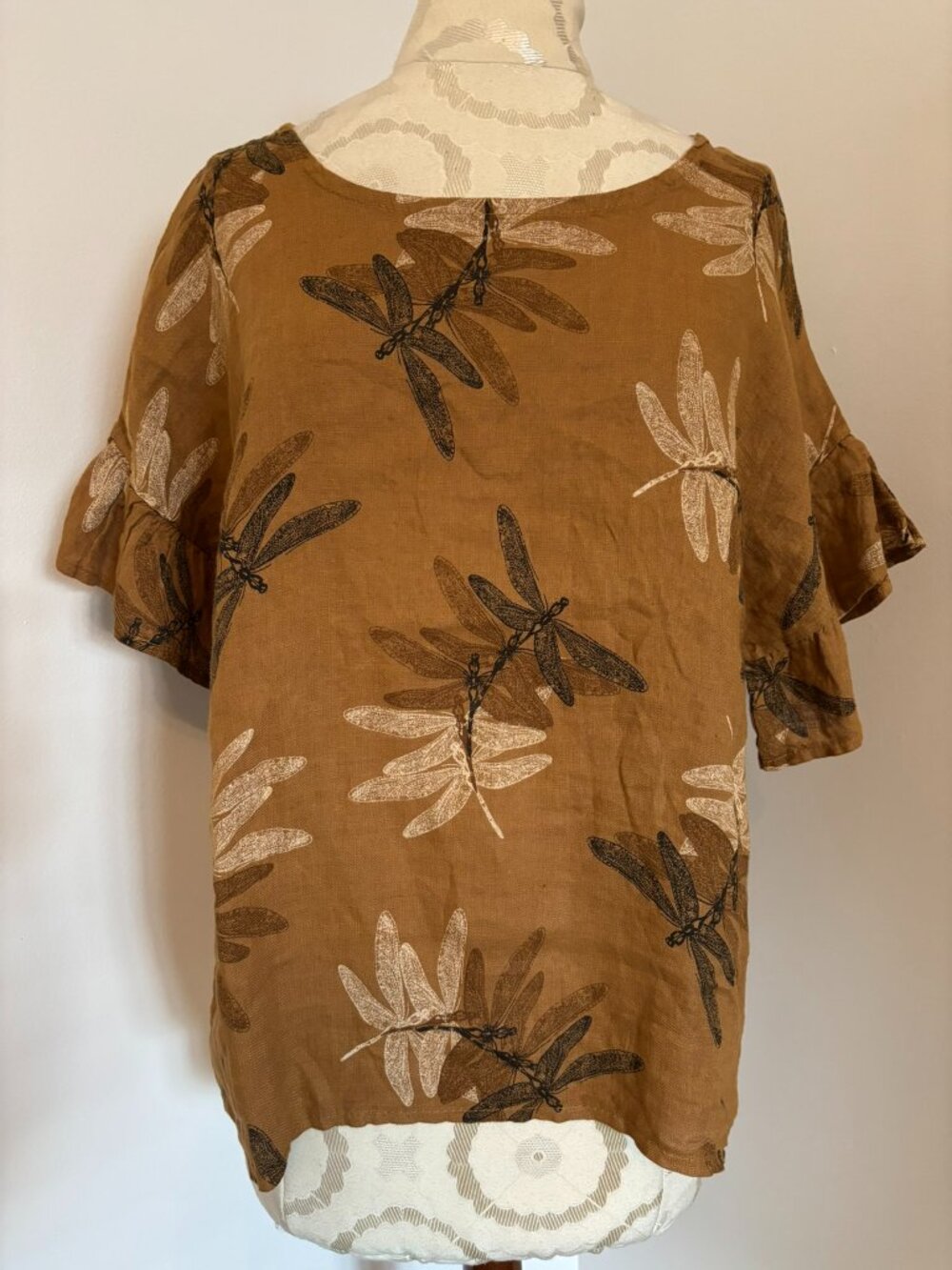 NWT ELENA BALDI ITALIAN LINEN DRAGONFLY PRINT POPOVER TOP S LAGENLOOK BOHO LAYER